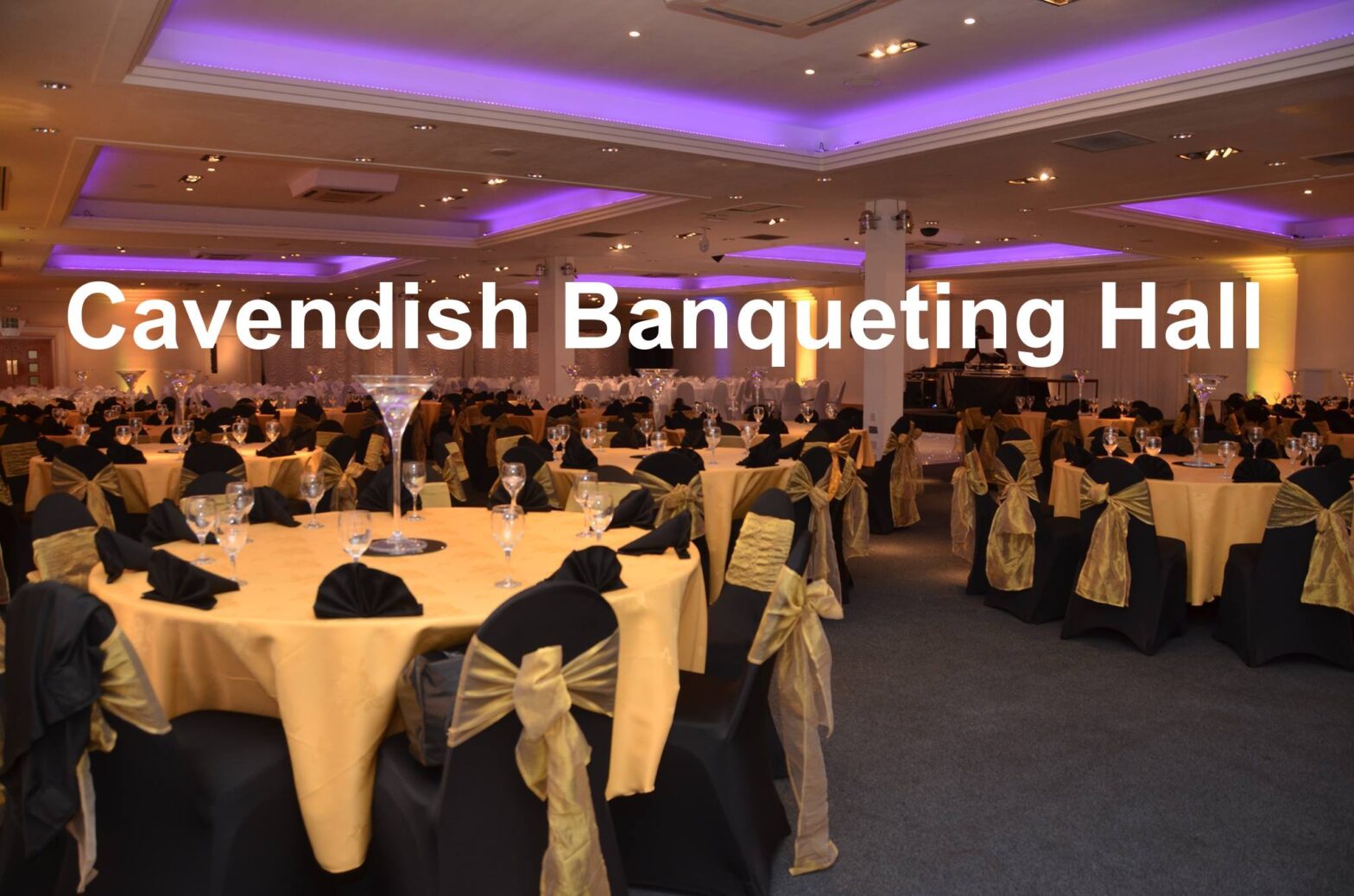 Cavendish Banqueting Hall with set up for guests with a DJ booth